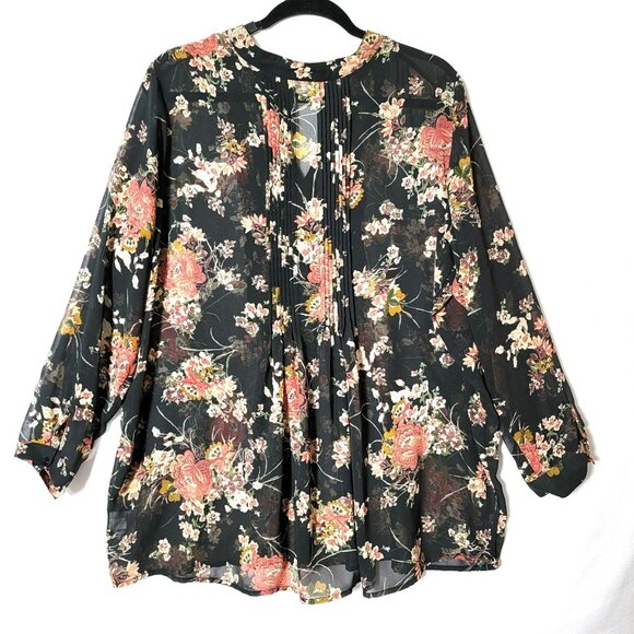 Style & Co Womens Tunic Top Sz 2X Button Up Pin Tuck Bodice Black & Peach Floral - Picture 2 of 12